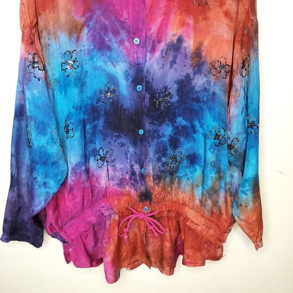 2 Of Us Tie Dye Button Up Shirt Beaded Flower Boho Hippie - Picture 3 of 14